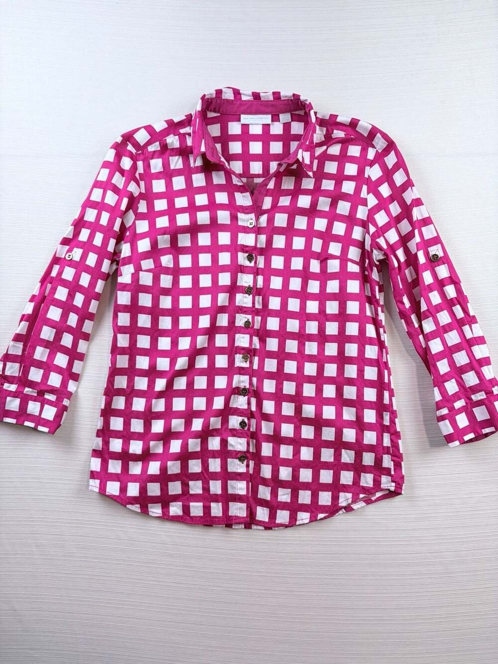 New York & Company Stretch Pink and White Gingham Button-Down Shirt